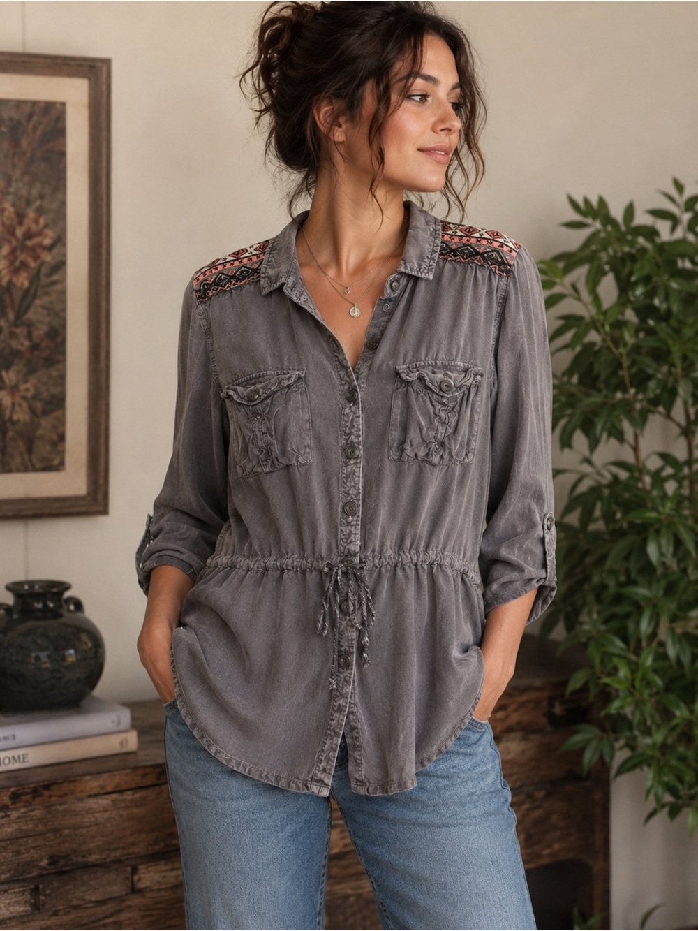 Maurice’s Premium Gray Chambray Button Down Shirt w/ Aztec Pink Shoulder Detail